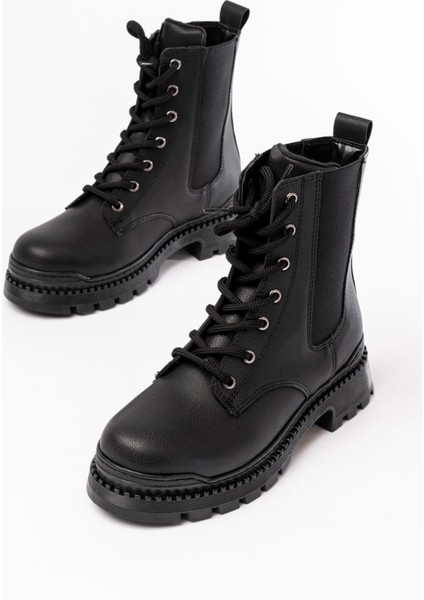 2051-298 Siyah Luna Düz Topuklu Bağcıklı Lastikli Günlük Kadın Bot modelleri