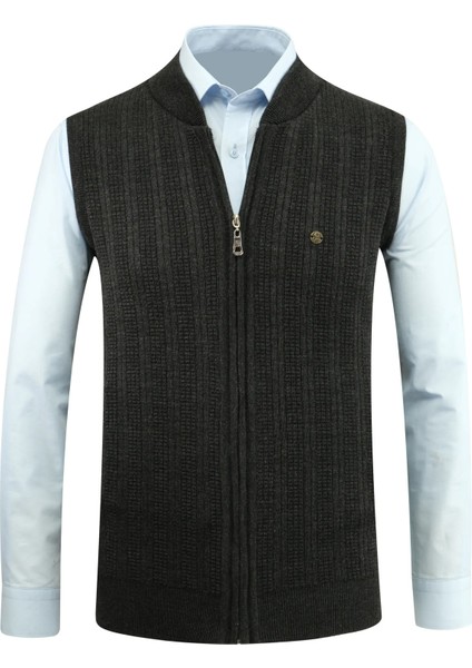 Erkek Fermuarlı Triko Yelek Çelik Örgü Desenli Cepli Klasik Kalıp - 5209J