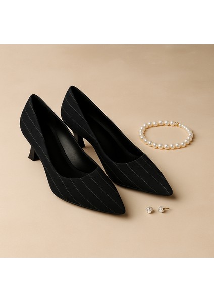 Çizgili Kumaş Kadeh Topuklu Siyah Stiletto Ayakkabı modelleri