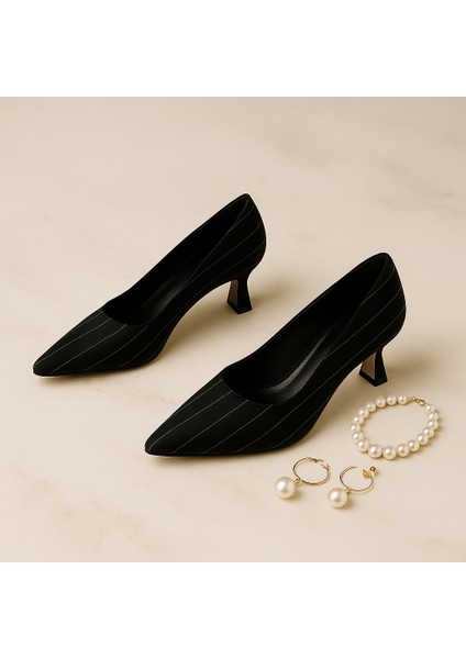 Çizgili Kumaş Kadeh Topuklu Siyah Stiletto Ayakkabı fırsatları