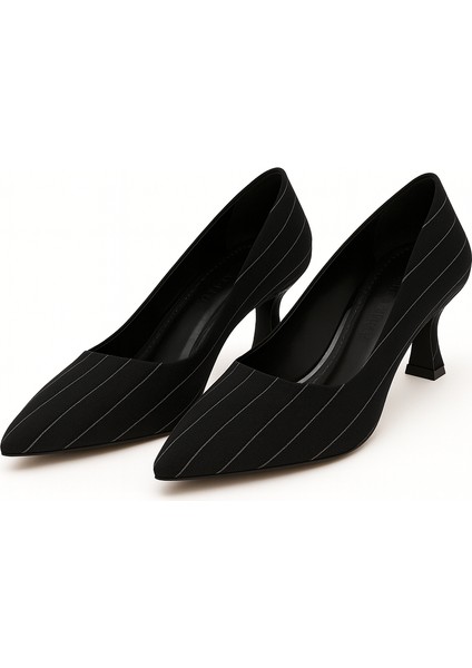 Çizgili Kumaş Kadeh Topuklu Siyah Stiletto Ayakkabı