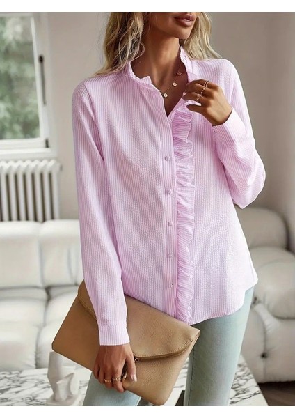 Kadın Uzun Kollu Fırfır Yakalı Önden Düğmeli Çizgili Burgu Gömlek modelleri