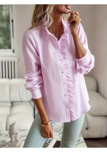 Kadın Uzun Kollu Fırfır Yakalı Önden Düğmeli Çizgili Burgu Gömlek indirimleri