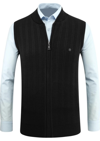 Erkek Fermuarlı Triko Yelek Çelik Örgü Desenli Cepli Klasik Kalıp - 5209J
