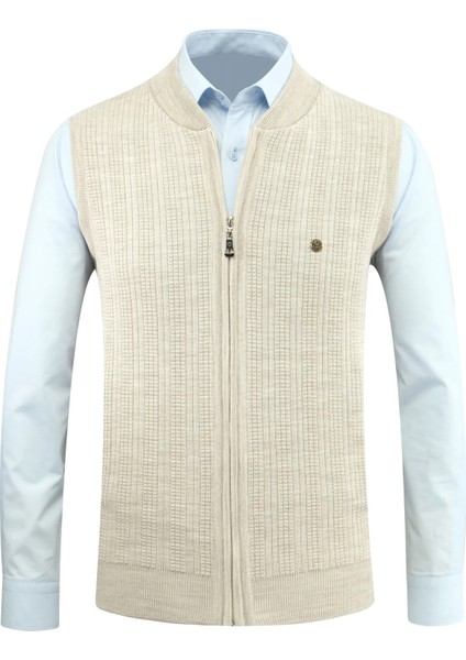 Erkek Fermuarlı Triko Yelek Çelik Örgü Desenli Cepli Klasik Kalıp - 5209J