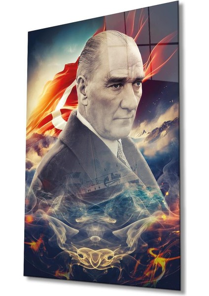 Atatürk Portre ve Türk Bayrağı Cam Tablo Modern Ev Ofis Salon Hediyelik Büyük Tablo Duvar Dekoru