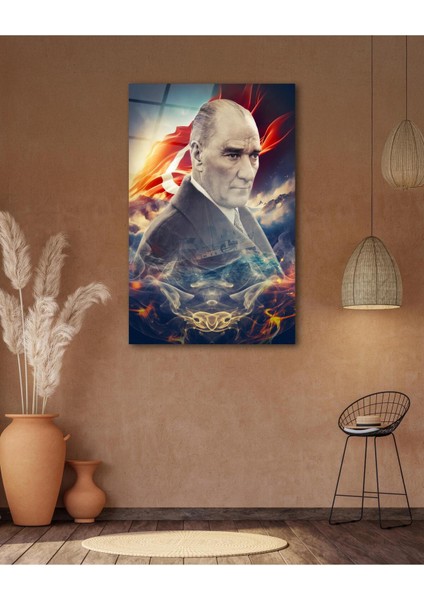 Atatürk Portre ve Türk Bayrağı Cam Tablo Modern Ev Ofis Salon Hediyelik Büyük Tablo Duvar Dekoru