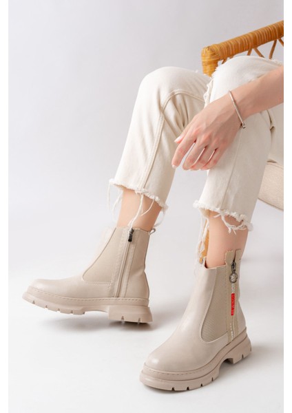 ASM-086 Bej Fashion Aksesuarlı Fermuarlı Günlük Kadın Bot