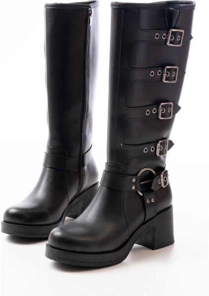 5109-3015 Siyah Topuklu Fermuarlı Toka Aksesuarlı Günlük Kadın Çizme fiyatları