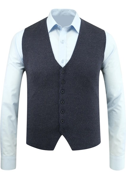 Erkek Düğmeli Yelek Cepsiz Desenli Çelik Örgü Klasik Kalıp - 5211LS