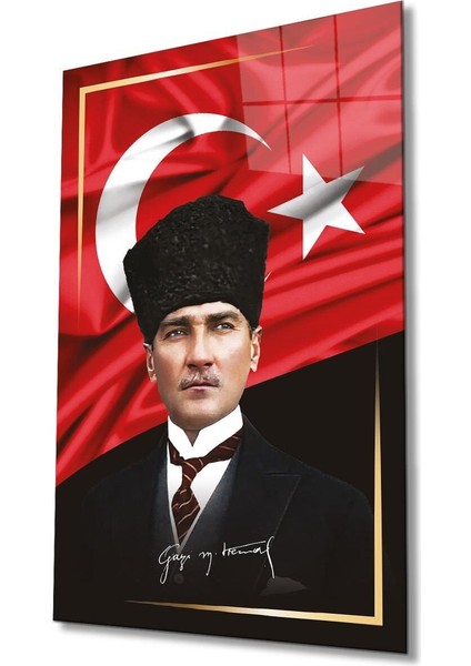 Atatürk Portre ve Türk Bayrağı Cam Tablo Modern Ev Ofis Salon Hediyelik Büyük Tablo Duvar Dekoru