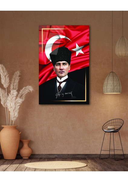Atatürk Portre ve Türk Bayrağı Cam Tablo Modern Ev Ofis Salon Hediyelik Büyük Tablo Duvar Dekoru