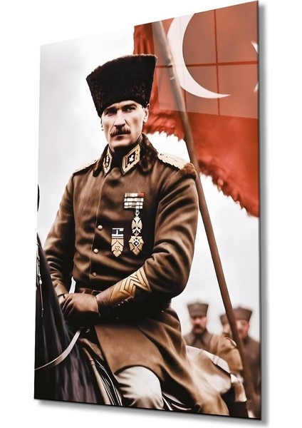 Atatürk Portre ve Türk Bayrağı Cam Tablo Modern Ev Ofis Salon Hediyelik Büyük Tablo Duvar Dekoru