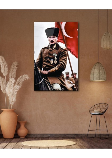 Atatürk Portre ve Türk Bayrağı Cam Tablo Modern Ev Ofis Salon Hediyelik Büyük Tablo Duvar Dekoru