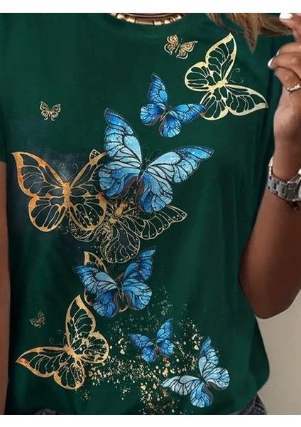 Kadın Kısa Kollu Mavi Sarı Kelebek Baskı Süprem T-Shirt modelleri