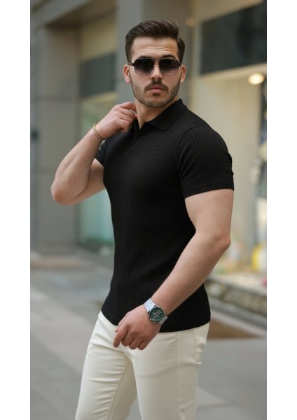 Erkek Kısa Kollu Yakalı Çizgi Desenli Triko Bluz modelleri