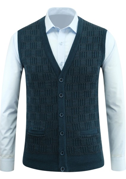 Erkek Düğmeli Yelek Cepli Kabarmalı Çelik Örgü Klasik Kalıp - 5215L