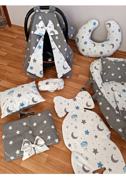 Mavi Bulutlu Koyu Yıldız Oval Yataklı 10 Parça Babynest Seti