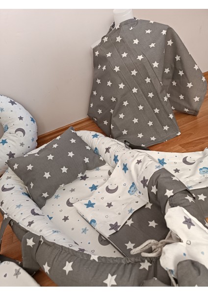 Mavi Bulutlu Koyu Yıldız Oval Yataklı 10 Parça Babynest Seti modelleri