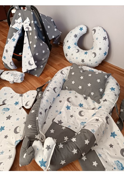 Mavi Bulutlu Koyu Yıldız Oval Yataklı 10 Parça Babynest Seti indirimleri