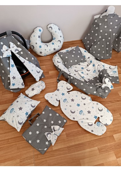 Mavi Bulutlu Koyu Yıldız Oval Yataklı 10 Parça Babynest Seti