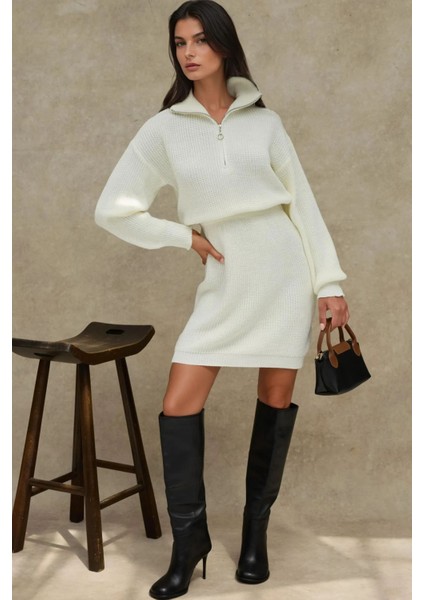 Kadın Bele Oturan Fermuar Yaka Fitilli Mini Triko Elbise Natural