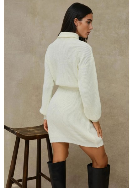 Kadın Bele Oturan Fermuar Yaka Fitilli Mini Triko Elbise Natural