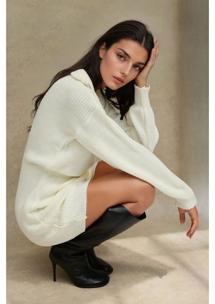 Kadın Bele Oturan Fermuar Yaka Fitilli Mini Triko Elbise Natural