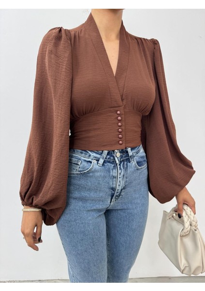 KAHVERENGİ Balon Kol Bluz