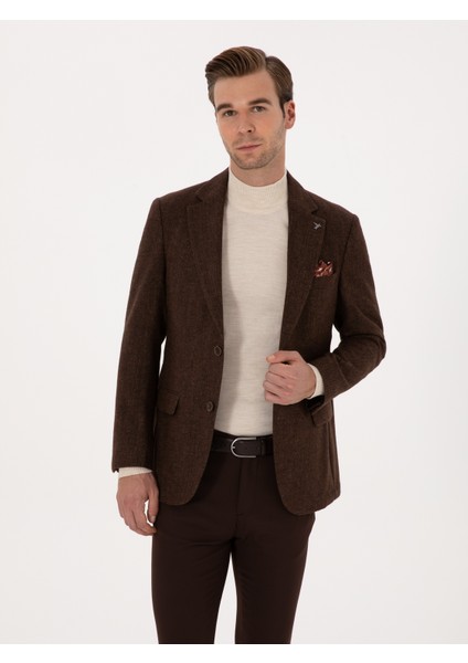 Erkek Kahverengi Slim Fit Yün Karışımlı Flanel Görünümlü Ceket 50310747-VR029
