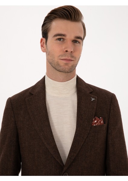 Erkek Kahverengi Slim Fit Yün Karışımlı Flanel Görünümlü Ceket 50310747-VR029