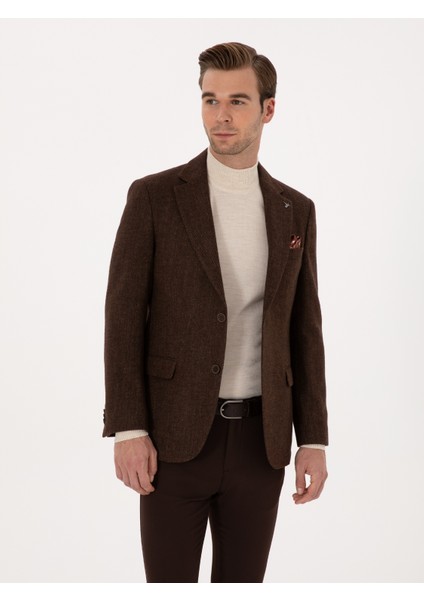 Erkek Kahverengi Slim Fit Yün Karışımlı Flanel Görünümlü Ceket 50310747-VR029