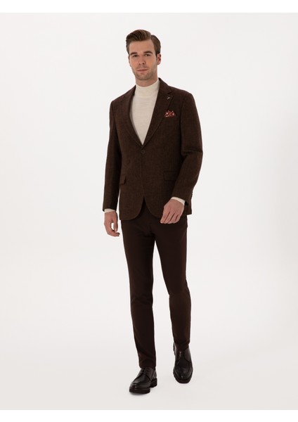 Erkek Kahverengi Slim Fit Yün Karışımlı Flanel Görünümlü Ceket 50310747-VR029