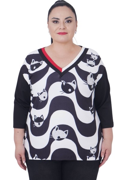 Büyük Beden Kedi Desenli V Yaka Kapri Kol Bluz