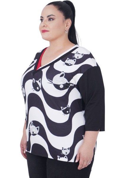 Büyük Beden Kedi Desenli V Yaka Kapri Kol Bluz fiyatları