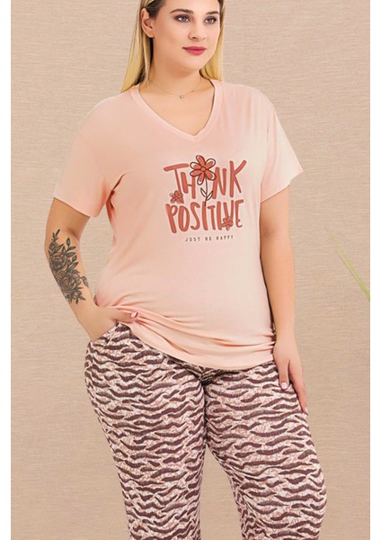 Somon Renk ve Desenli 110 Kısa Kollu Kadın Büyük Beden Anne Pijama Takımı modelleri