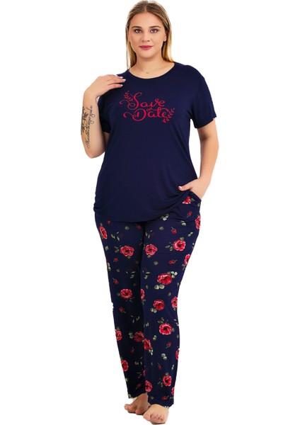 Lacivert Renk ve Desenli 11025 Kısa Kollu Kadın Büyük Beden Anne Pijama Takımı