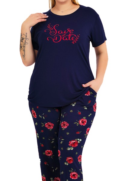 Lacivert Renk ve Desenli 11025 Kısa Kollu Kadın Büyük Beden Anne Pijama Takımı modelleri
