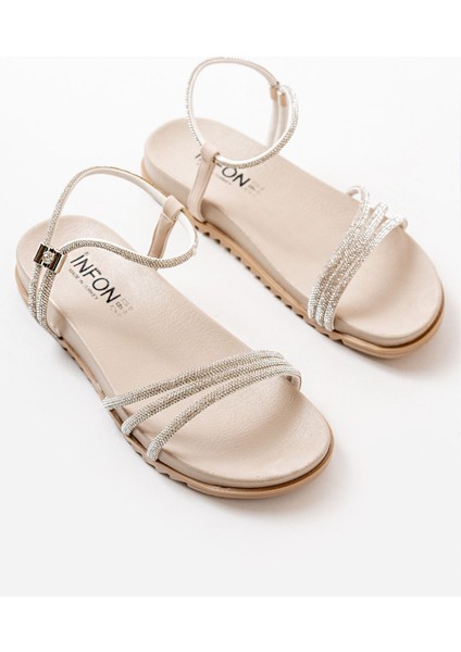 1001-1100 Bej Gümüş Taşlı Günlük Kadın Sandalet modelleri