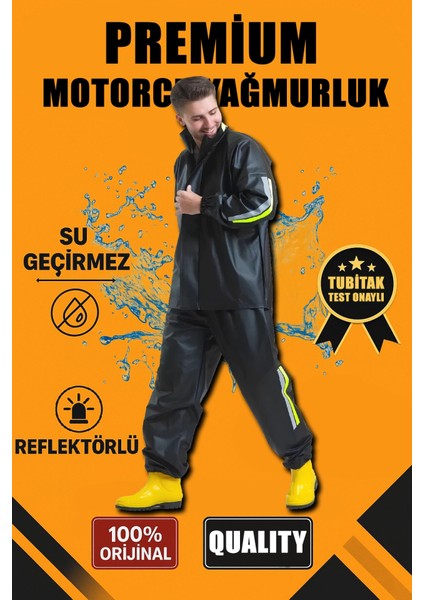 Premium Motorcu Kurye Yağmurluk Takım Su Geçirmez Pvc Kumaş Reflektörlü Tübitak Onaylı - Siyah