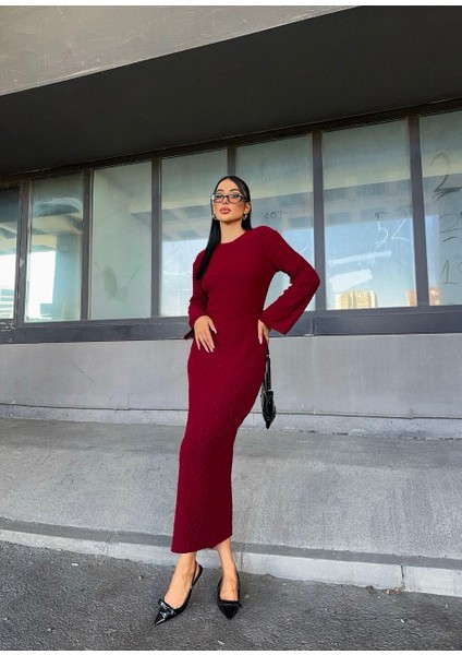 Doku Detaylı Triko Uzun Kadın Elbise
