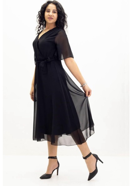 Kadın Siyah Şifon V Yaka Kemerli Midi Boy Elbise