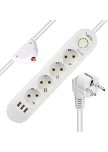 4'lü 3 Usb'li 1.5 Metre Akım Korumalı Priz Beyaz