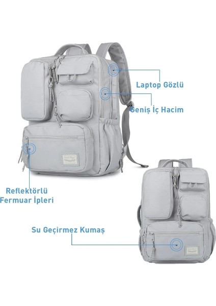 Okul Sırt Çantası Geniş Hacimli Laptop Gözlü Reflektör Fermuar Yandan Cepli