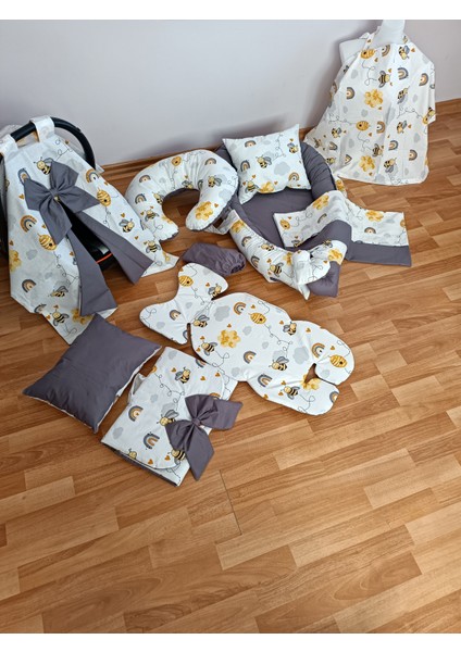 Arılı Antrasit Oval Yataklı 10 Parça Babynest Seti