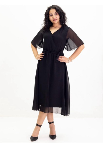 Kadın Siyah Şifon V Yaka Kemerli Midi Boy Elbise fiyatları