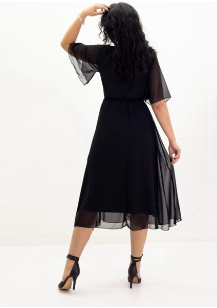 Kadın Siyah Şifon V Yaka Kemerli Midi Boy Elbise modelleri