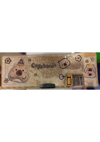 Capybara Figürlü 3 Bölmeli Kalemtraşlı Simli Kalem Kutusu AD66598