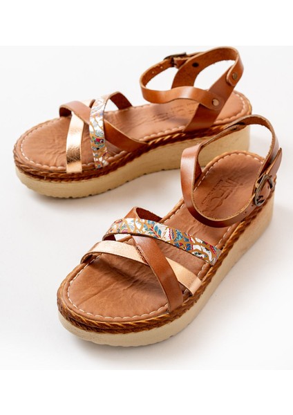 730-015 Taba Garni Ortopedik Hakiki Deri Dolgu Kadın Sandalet