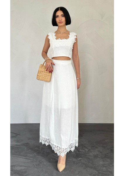 Beyaz Güpürlü Crop ve Etek Takım